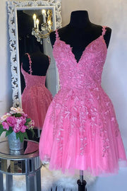 A-line V Neck Sleeveless Short/Mini Tulle Homecoming Dress with Appliqued Beading-0