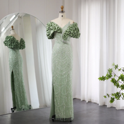 Elegant Off Shoulder Mermaid Sage Green Slit Evening Dress SS288  Green / US 16