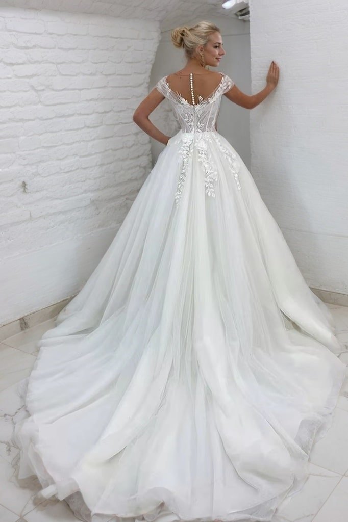 A-Line/Princess Tulle Lace Scoop Short Sleeves Sweep/Brush Train Wedding Dresses-685