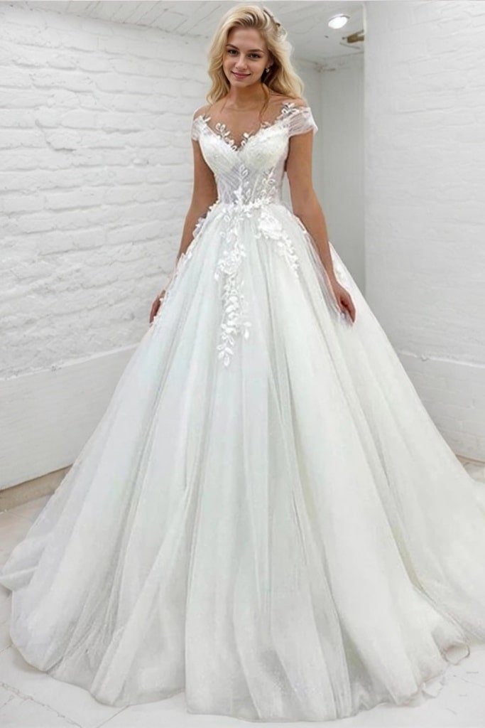 A-Line/Princess Tulle Lace Scoop Short Sleeves Sweep/Brush Train Wedding Dresses-0