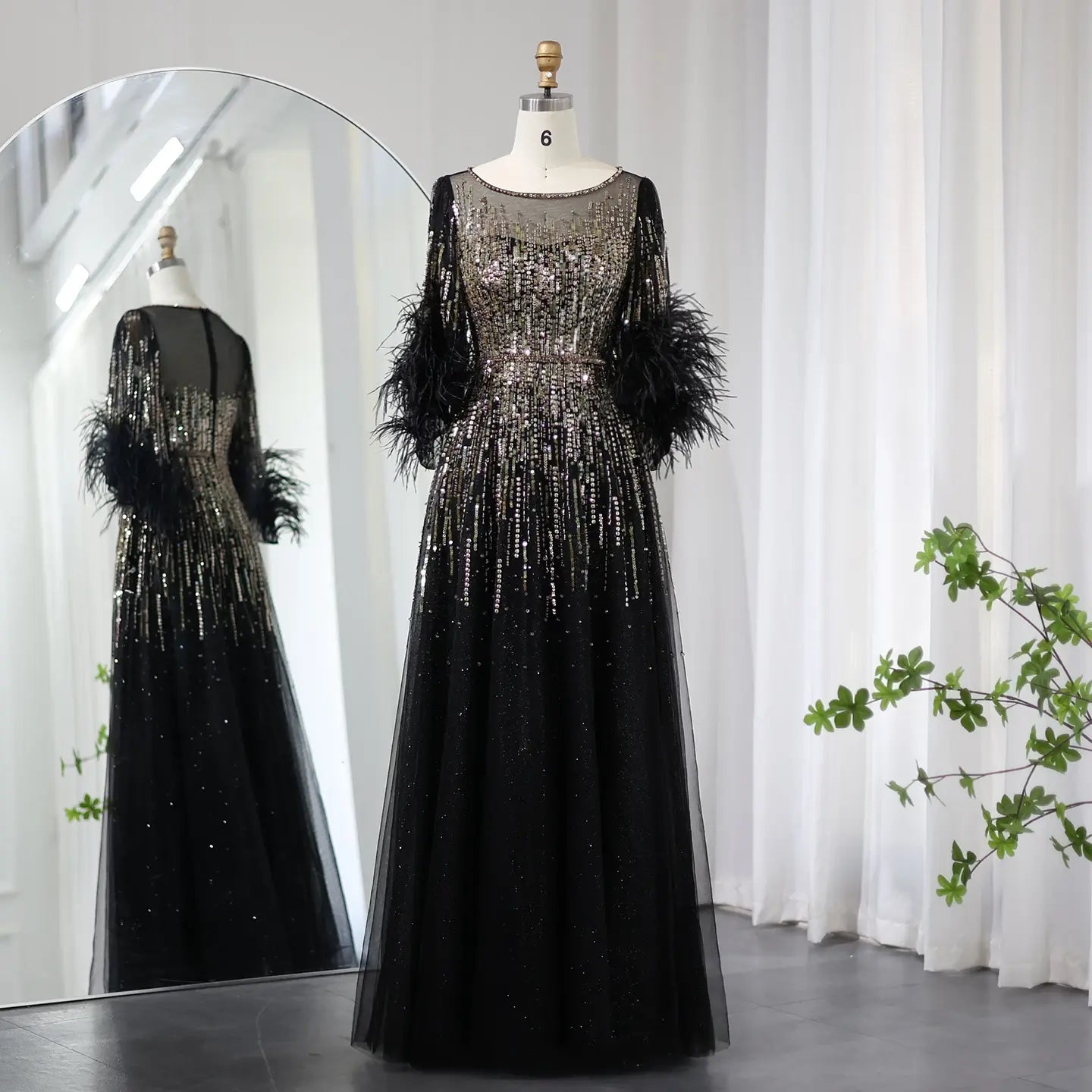 Luxury Feathers Black Half Sleeve Evening Dress SS339 Sharon Said