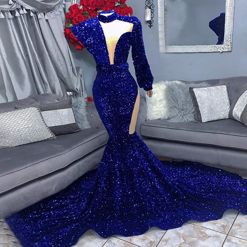 Luxury Beaded Mermaid Blue Prom Dress Long Train RM008  Blue / US 22