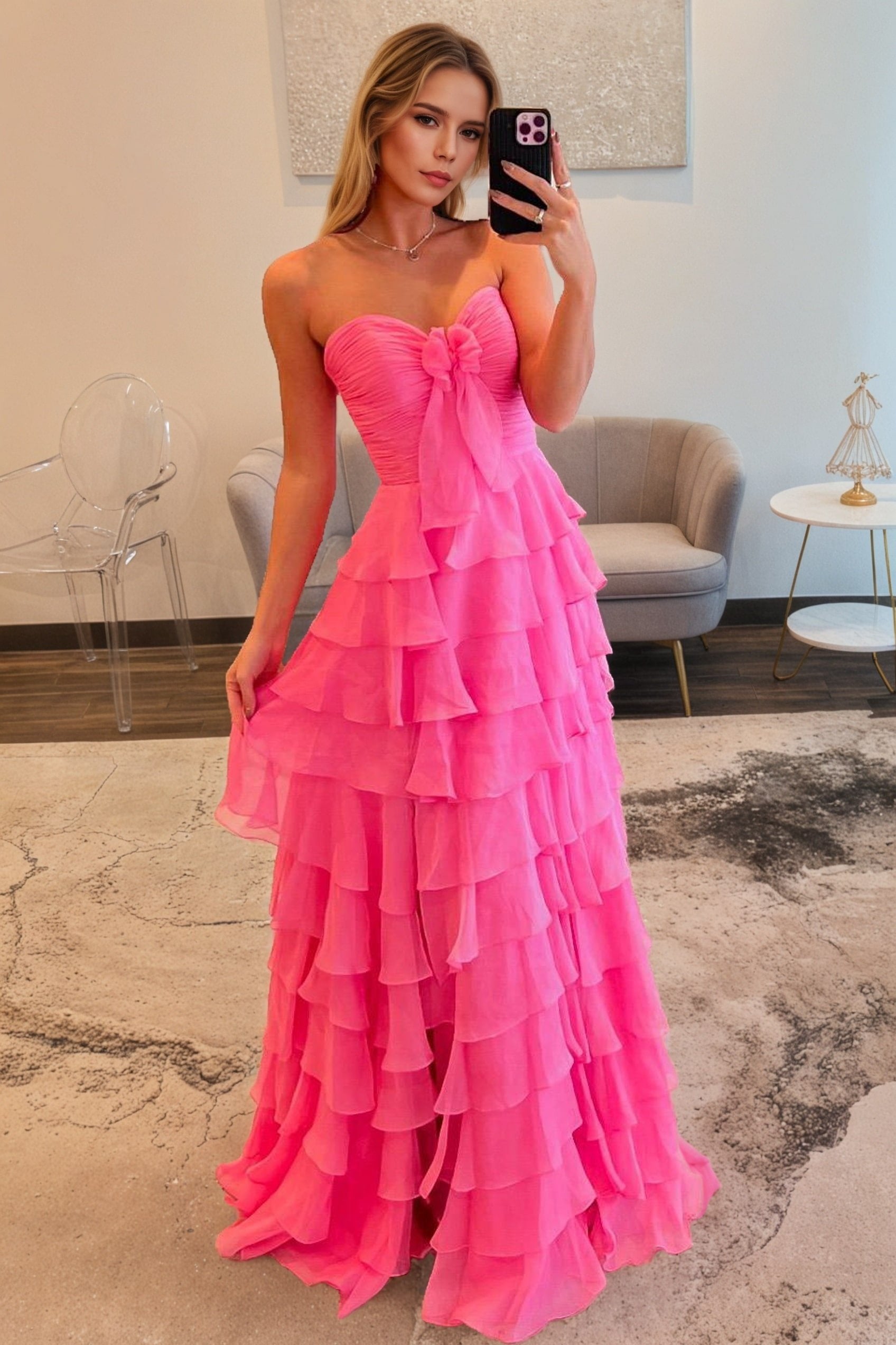A-line/Princess Chiffon Fuchsia Sweetheart Tiered Ruffles Prom Dress with Slit-0