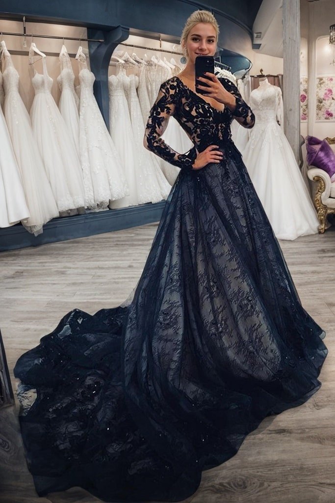 A-Line/Princess Lace Applique V-neck Long Sleeves Court Train Wedding Dresses-0