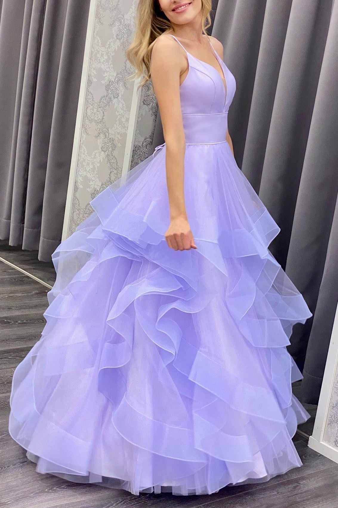 A-line V Neck Spaghetti Straps Long/Floor-Length Tulle Prom Dresses With Ruffles-476