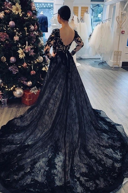 A-Line/Princess Lace Applique V-neck Long Sleeves Court Train Wedding Dresses-690