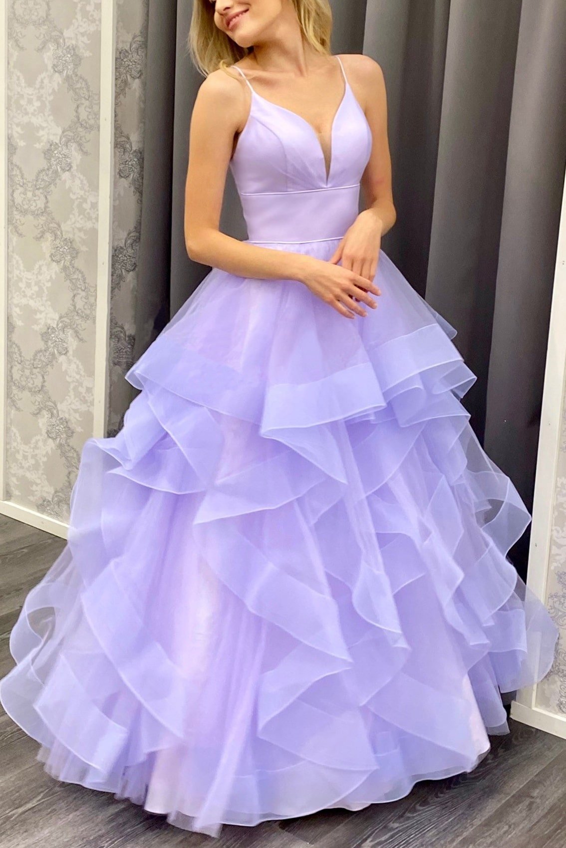 A-line V Neck Spaghetti Straps Long/Floor-Length Tulle Prom Dresses With Ruffles-0