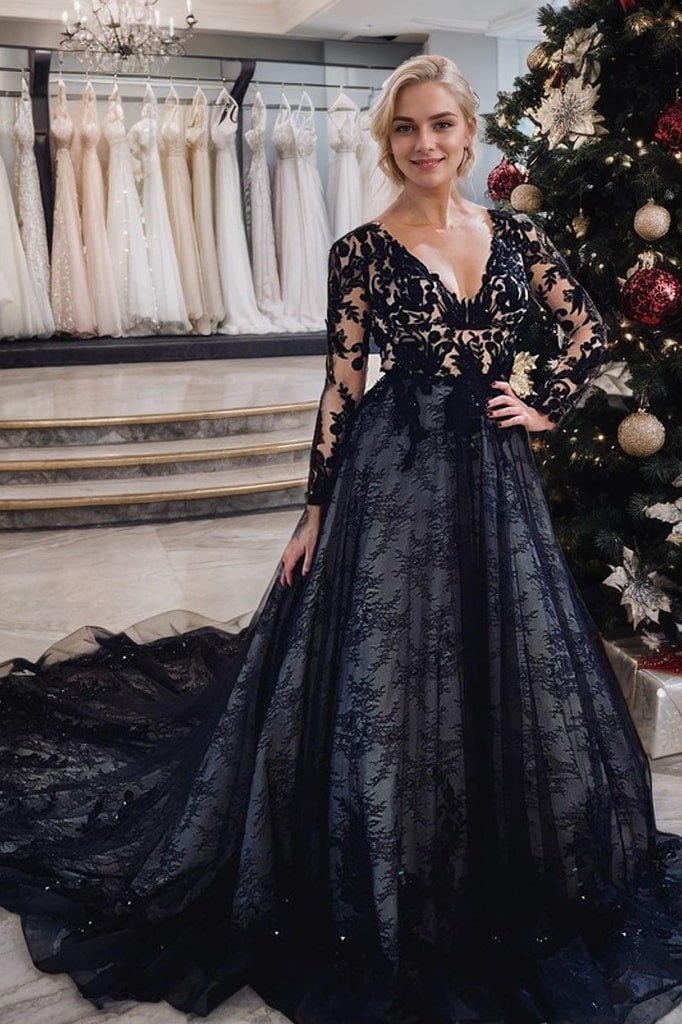 A-Line/Princess Lace Applique V-neck Long Sleeves Court Train Wedding Dresses-691