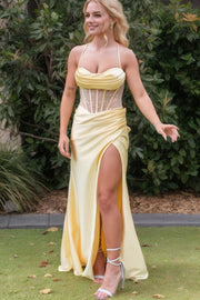 Sheath/Column Sweetheart Sleeveless Sweep Train Silk like Satin Prom Dresses with Pleated Split-0