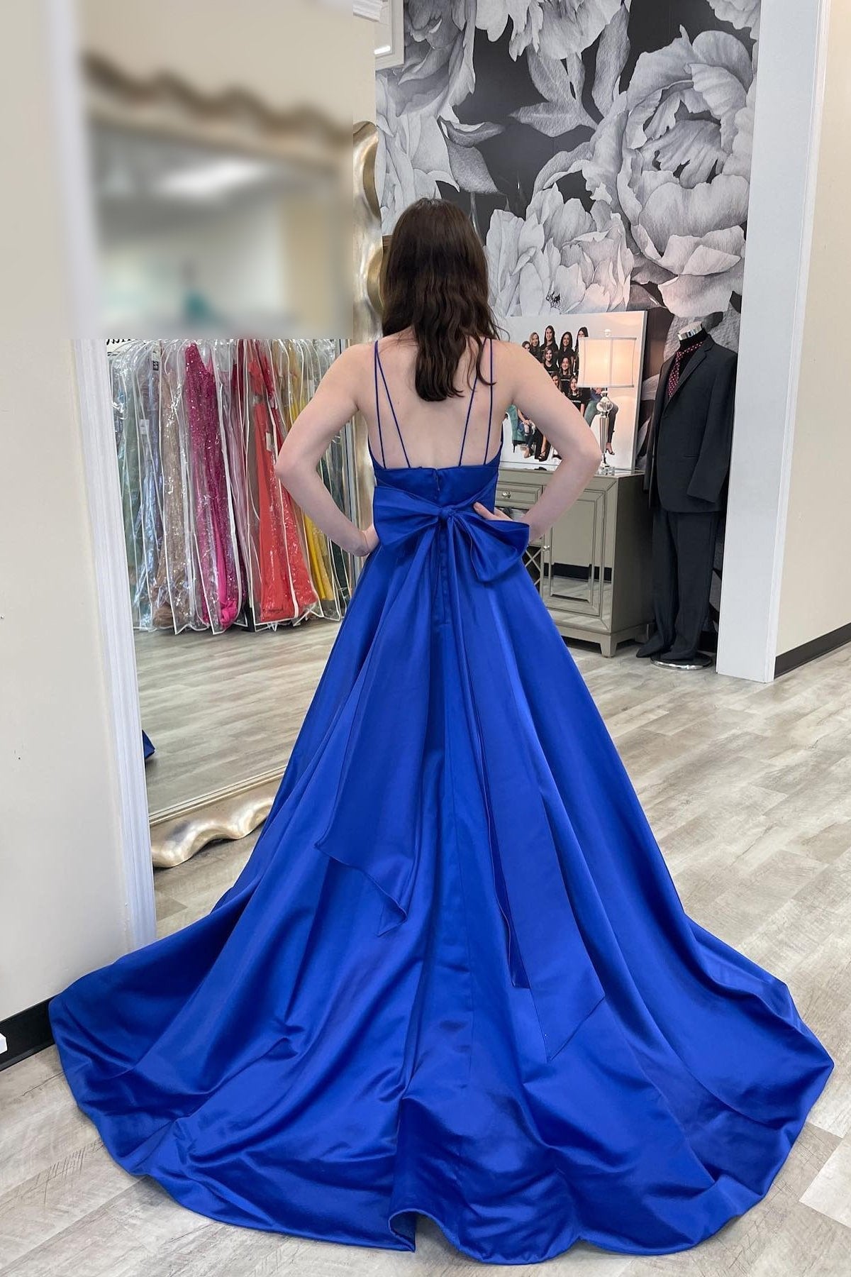 A-line V Neck Sleeveless Court Train Satin Prom Dresses With Bowknot Pleated Waistband-480