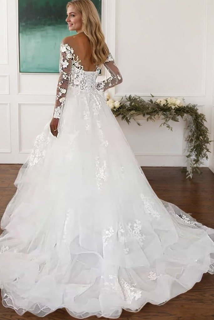 A-Line/Princess Tulle Lace V-neck Long Sleeves Sweep/Brush Train Wedding Dresses-696
