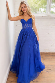 A-line/Princess Sweetheart Sleeveless Tulle Sweep Train Prom Dress With Appliqued-0