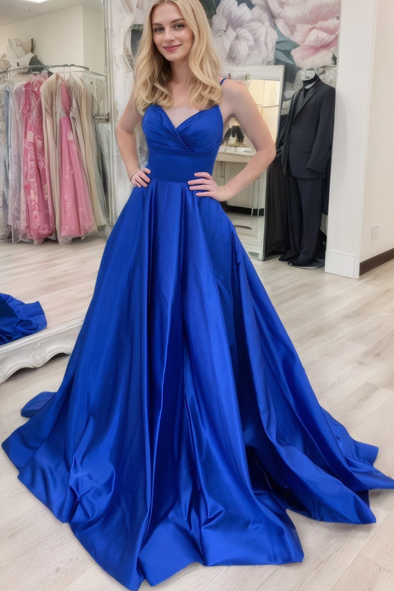 A-line V Neck Sleeveless Court Train Satin Prom Dresses With Bowknot Pleated Waistband-0