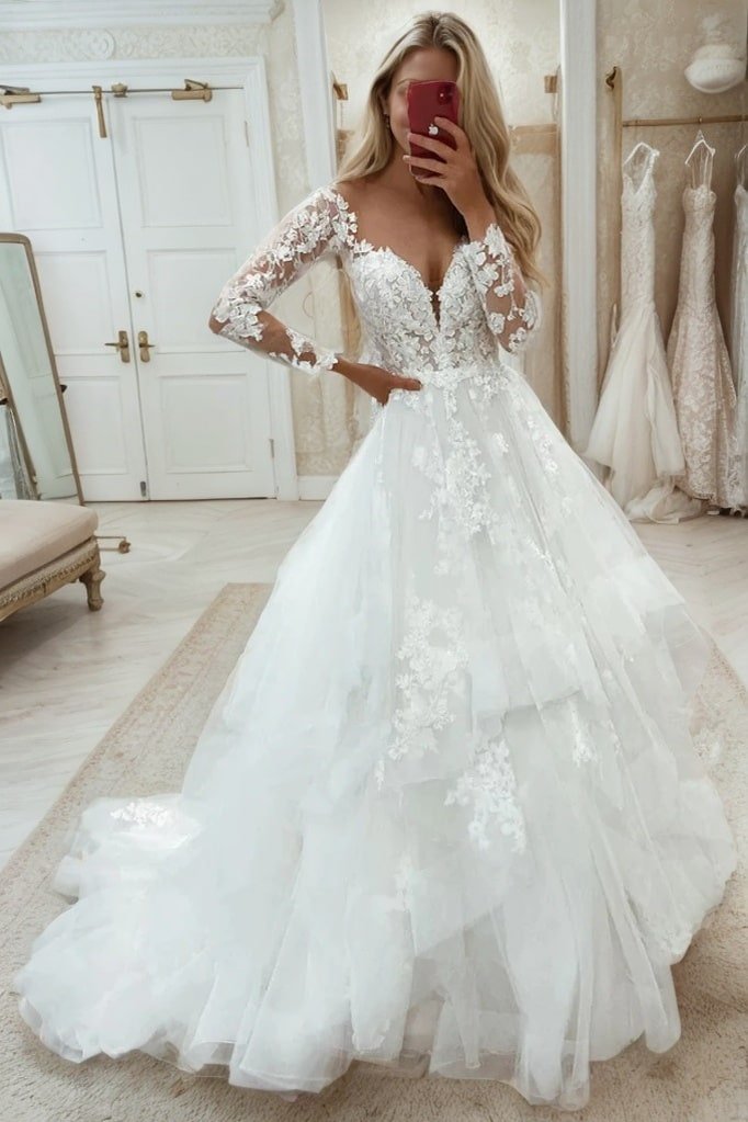 A-Line/Princess Tulle Lace V-neck Long Sleeves Sweep/Brush Train Wedding Dresses-0