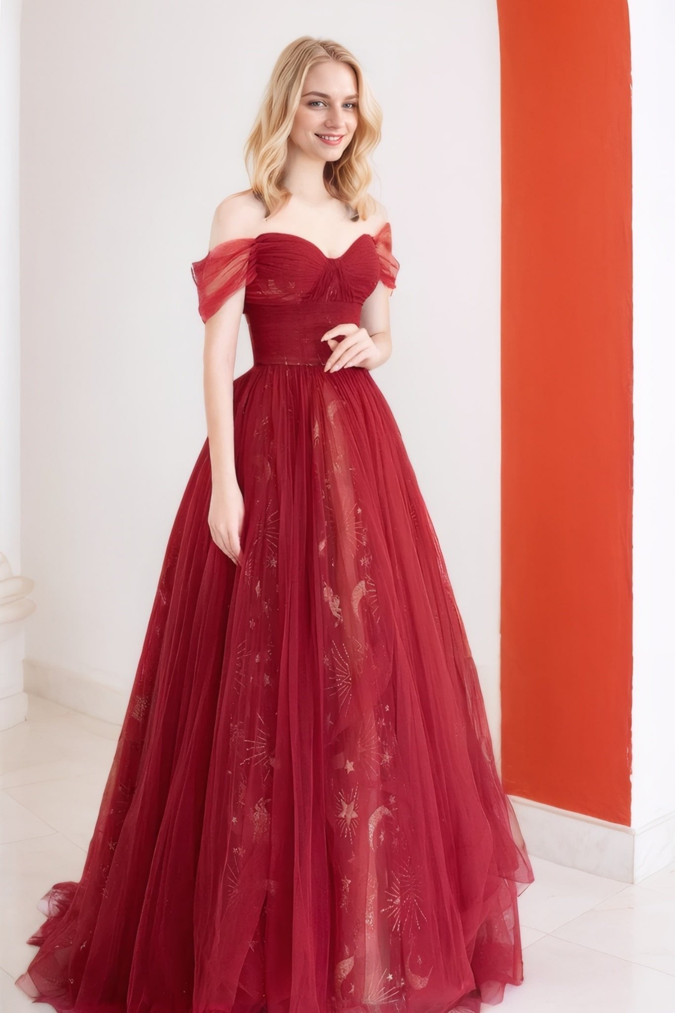 A-Line/Princess Tulle Long Prom Dress,Off the Shoulder Backless Evening Dress-965