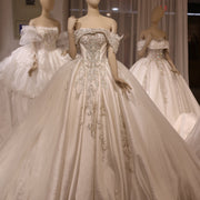Luxury Off-Shoulder Ivory Satin Ball Gown Wedding Dress RS037  White / Custom Made