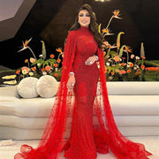 Luxury Wine Red Long Sleeves Muslim Evening Dress with Cape SS202