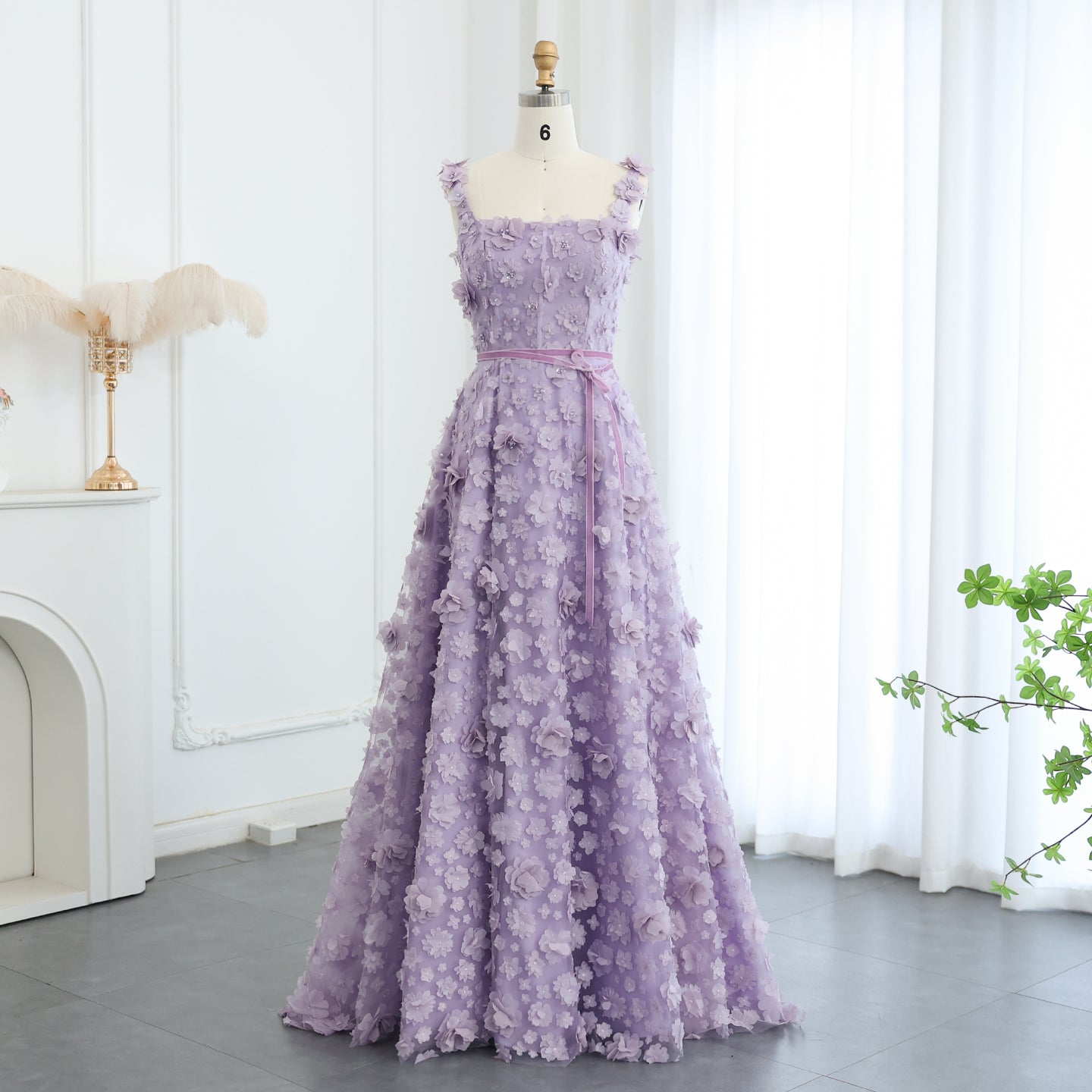 Chic Lilac 3D Embroidered Flowers Slit Evening Dress SS357