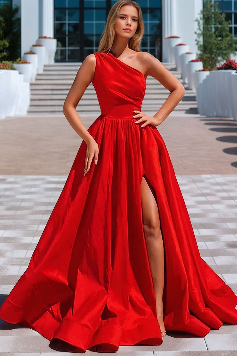 A-line One-Shoulder Satin Prom Dress With Pleated Split-0