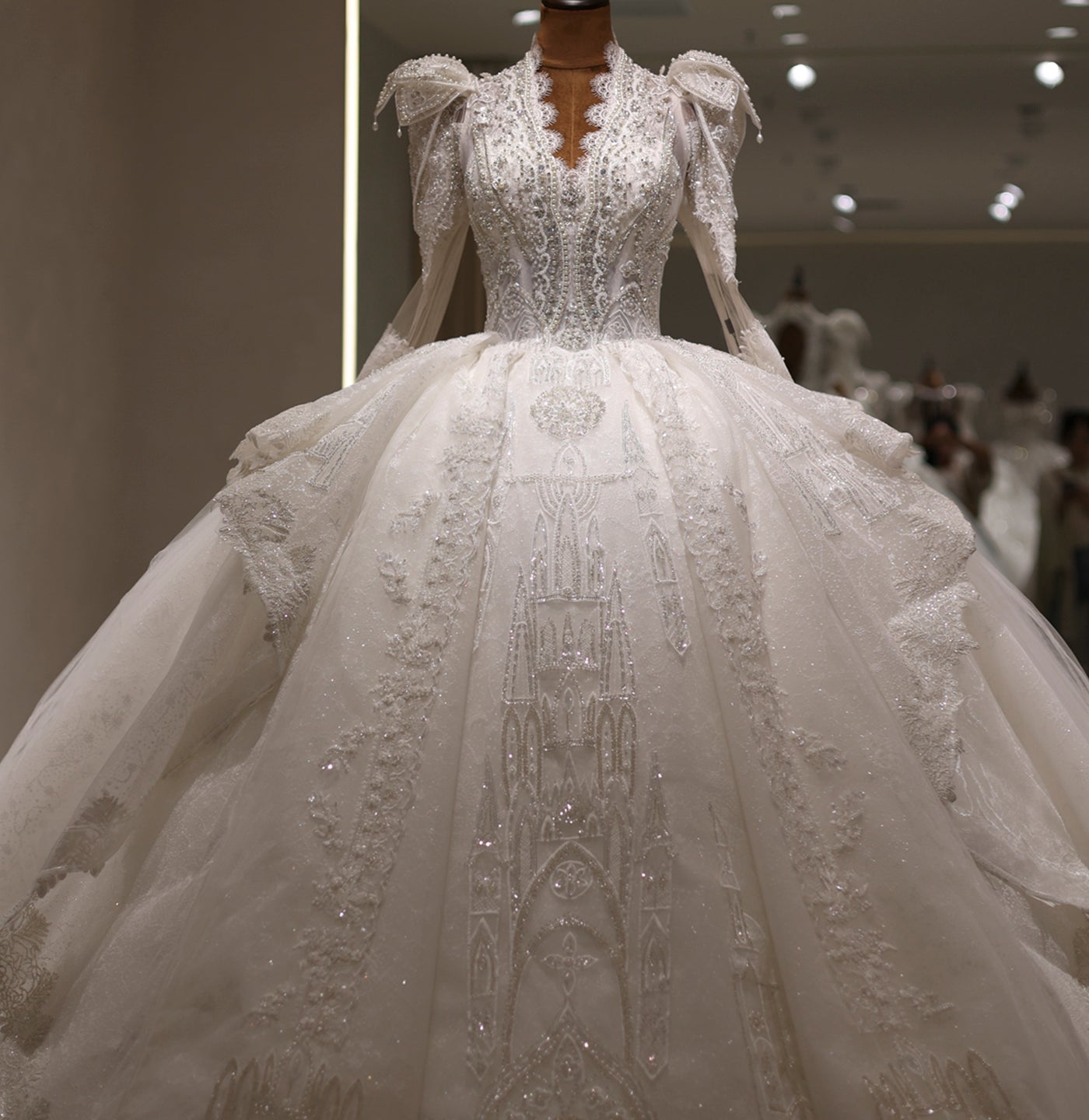 Luxury V-Neck Long Sleeves Wedding Dress RS014  White / Custom Made