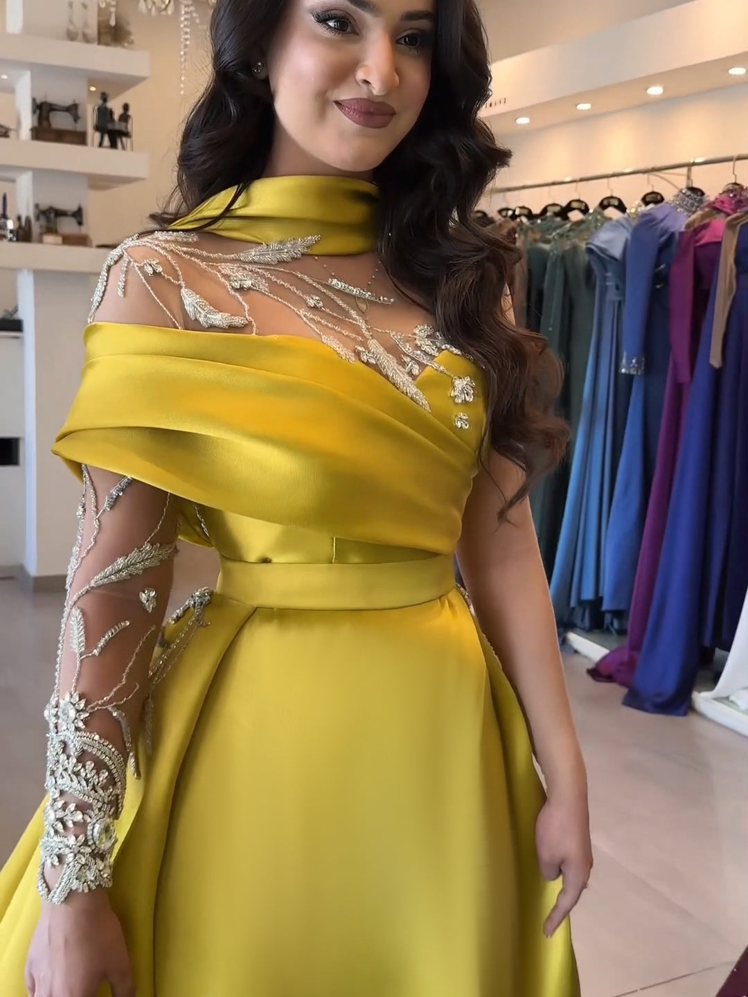 Elegant Gold Yellow Satin Arabic Evening Dress with Overskirt SS302