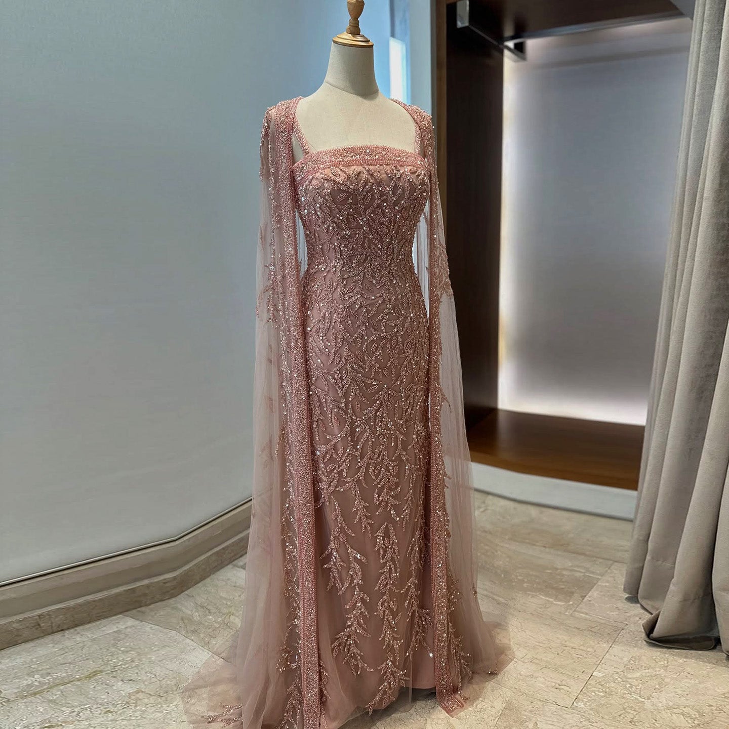 Elegant Pink Beaded Evening Gown with Sheer Cape SS393