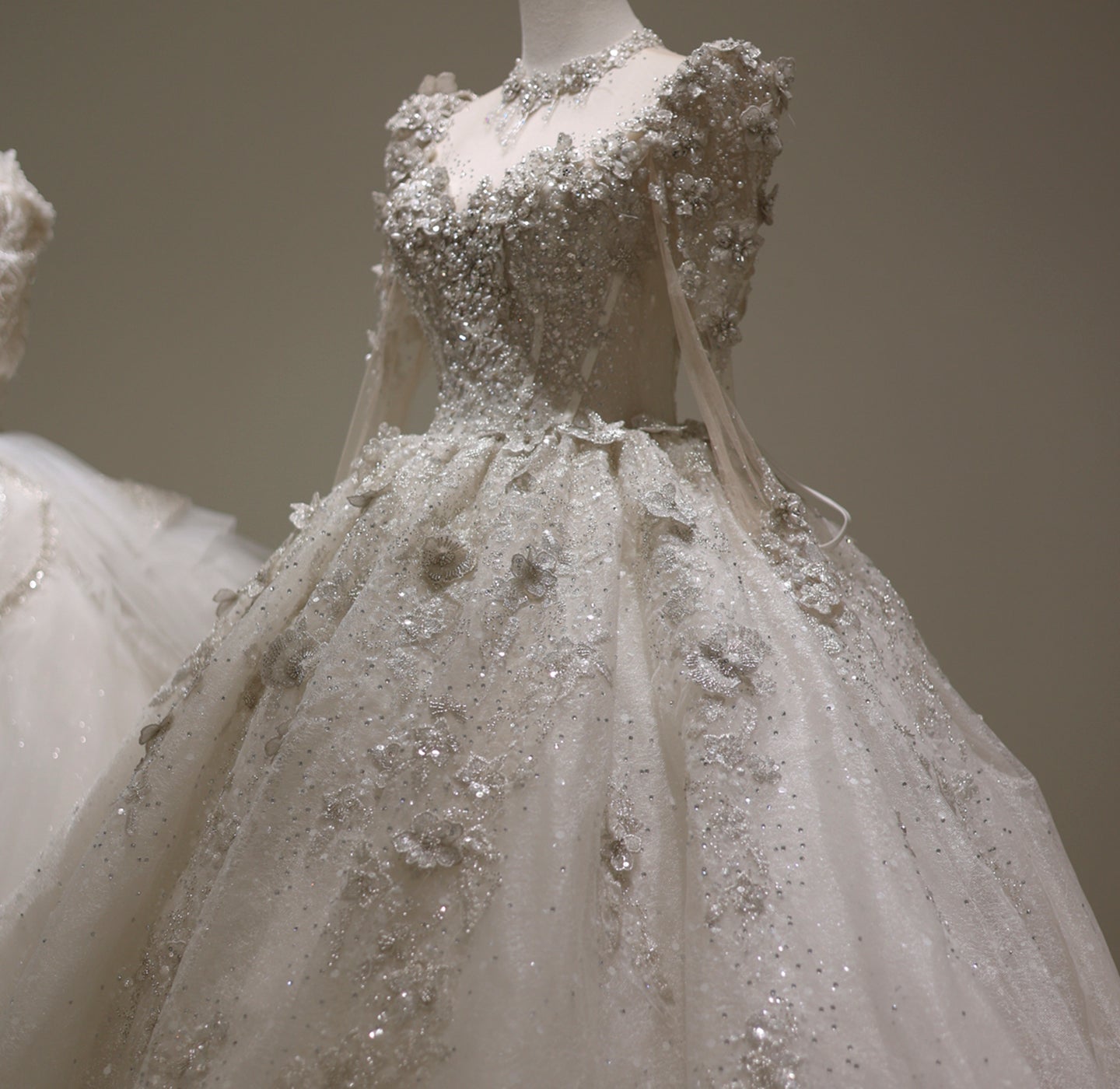 Luxury Pearl 3D Floral Long Sleeves Ball Gown Wedding Dress RS005  White / Custom Made