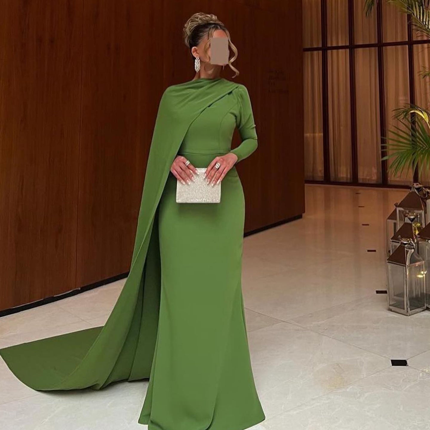 Elegant Green Long Sleeves Evening Dress with Cape SF068  Green / US 16