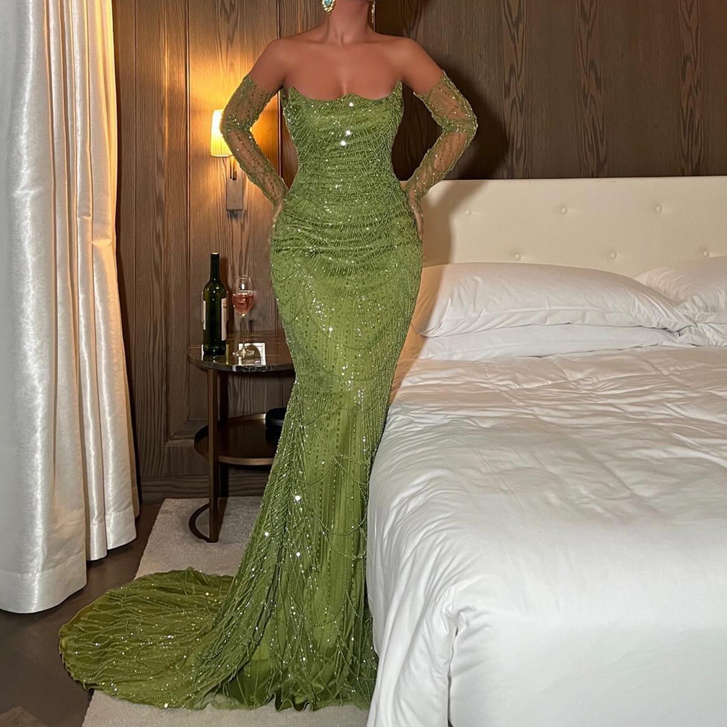 Luxury Beaded Green Mermaid Evening Dress with Gloves SS606