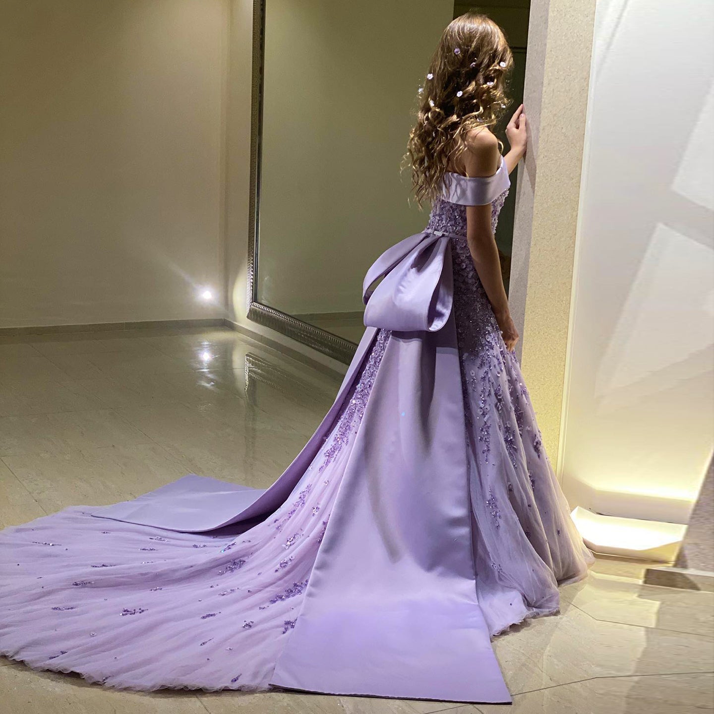 Luxury Beaded Lilac Mermaid Evening Dress with Overskirt SS556