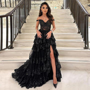 Stylish Black Ruffles Off shoulder Prom Dress with High Slit SF150  Black / US 16