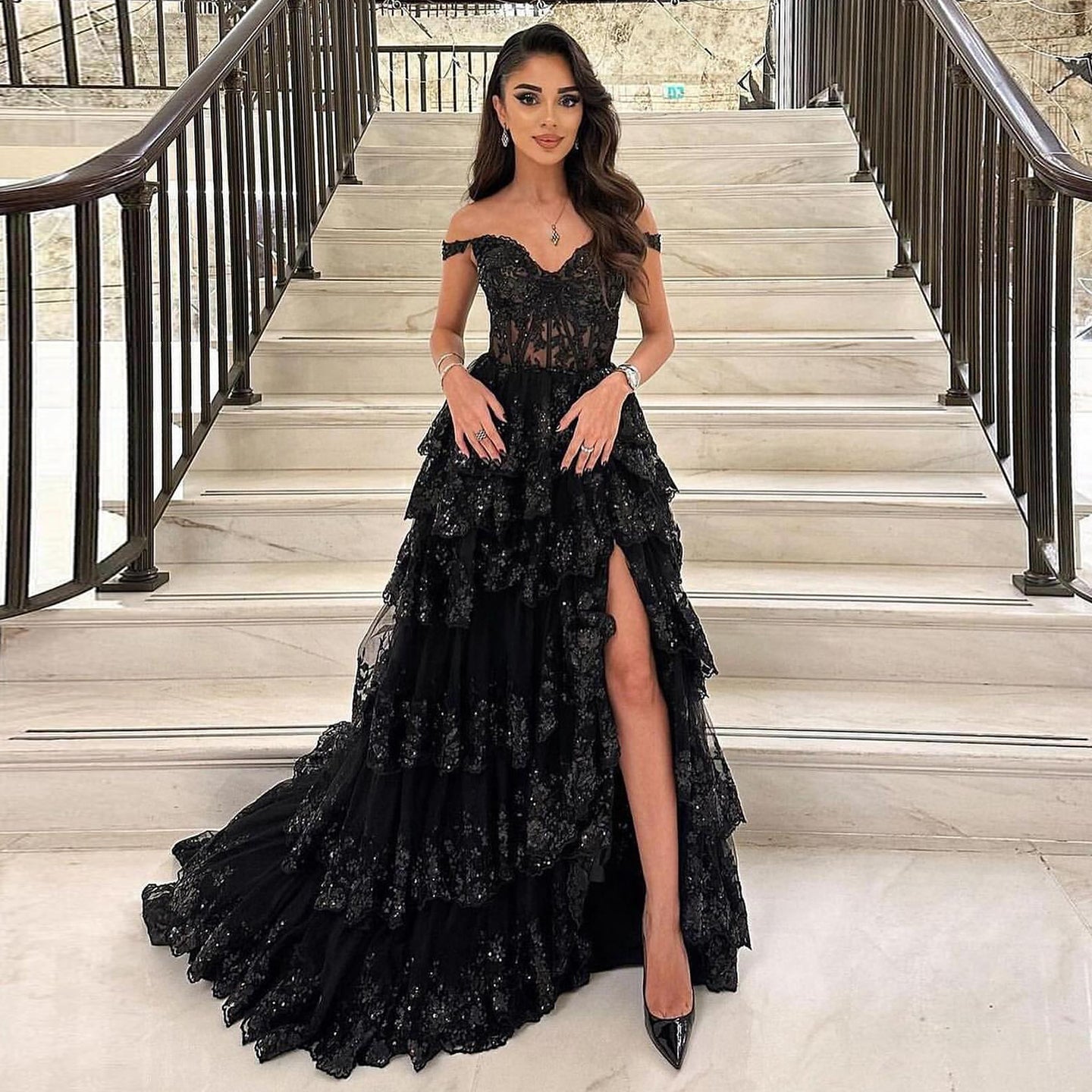 Stylish Black Ruffles Off shoulder Prom Dress with High Slit SF150  Black / US 16