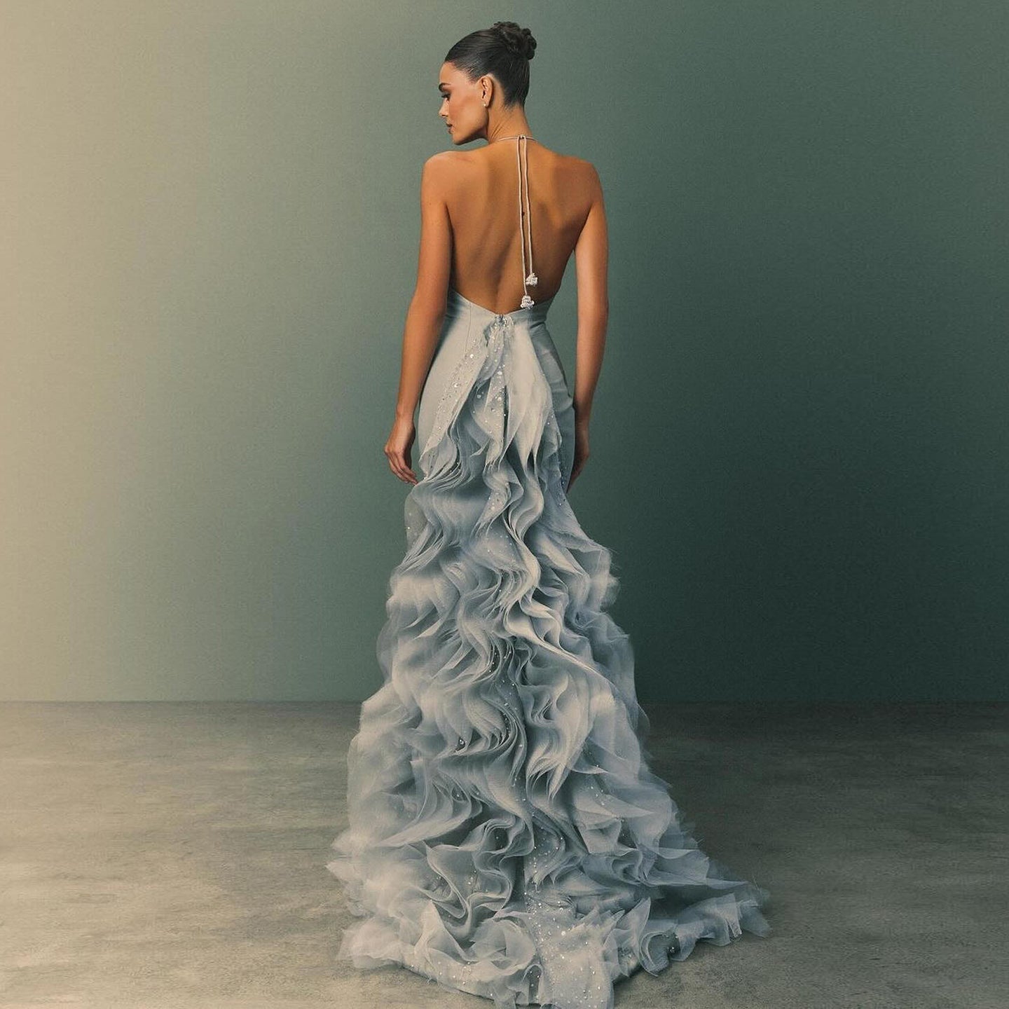 Stunning Blue Halter Evening Dress with Ruffles SS524