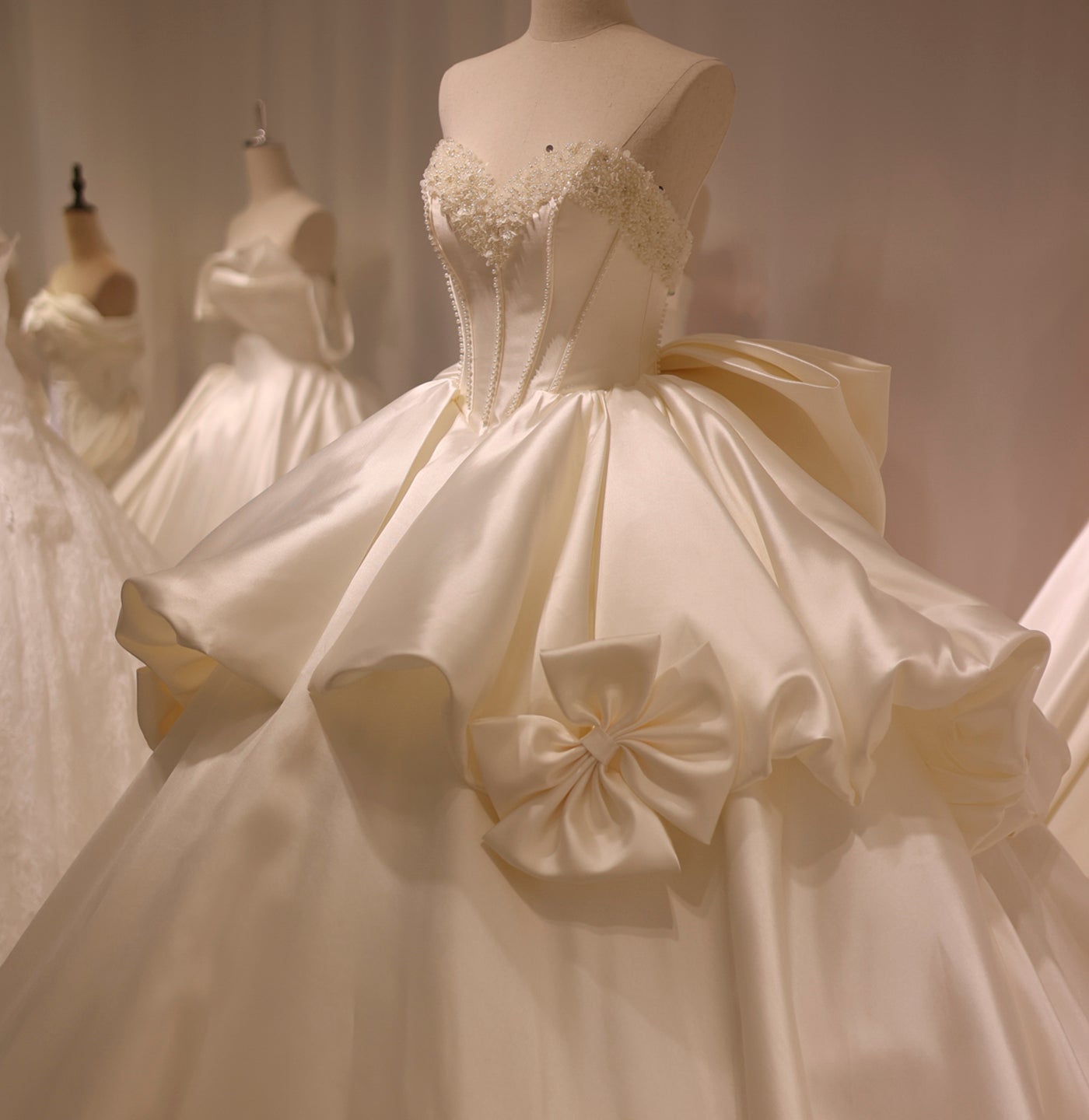 Luxury Off White Satin Pearls Ball Gown Wedding Dress RS016  White / Custom Made