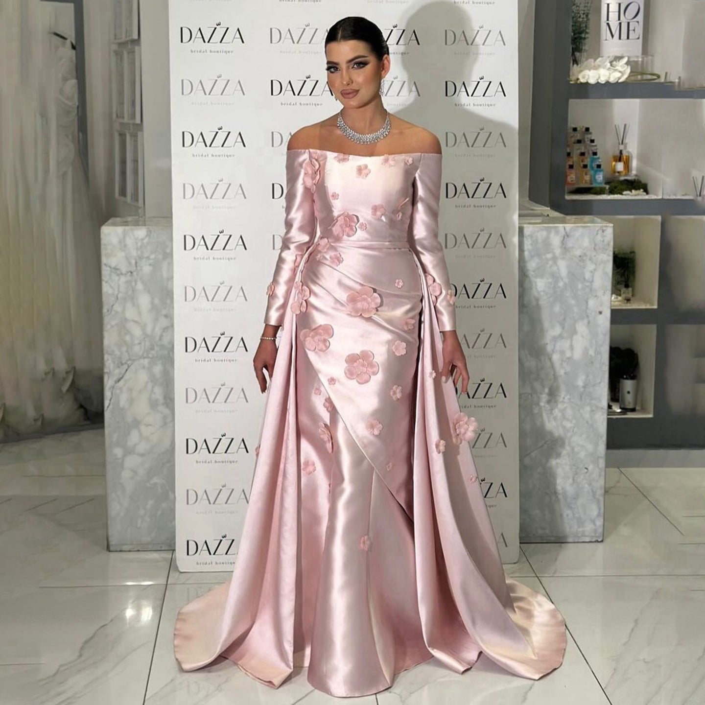 Simple Pink 3D Flower Evening Dress with Overskirt SS266