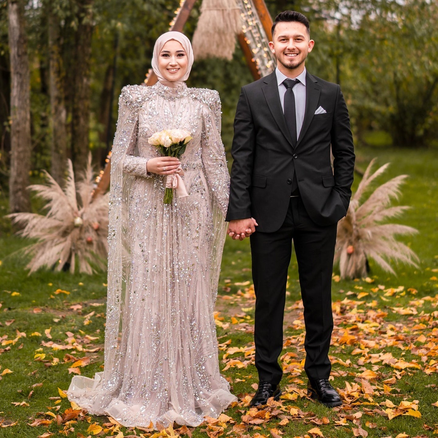 Luxury Champagne Long Sleeve High Neck Evening Dress with Cape SS366