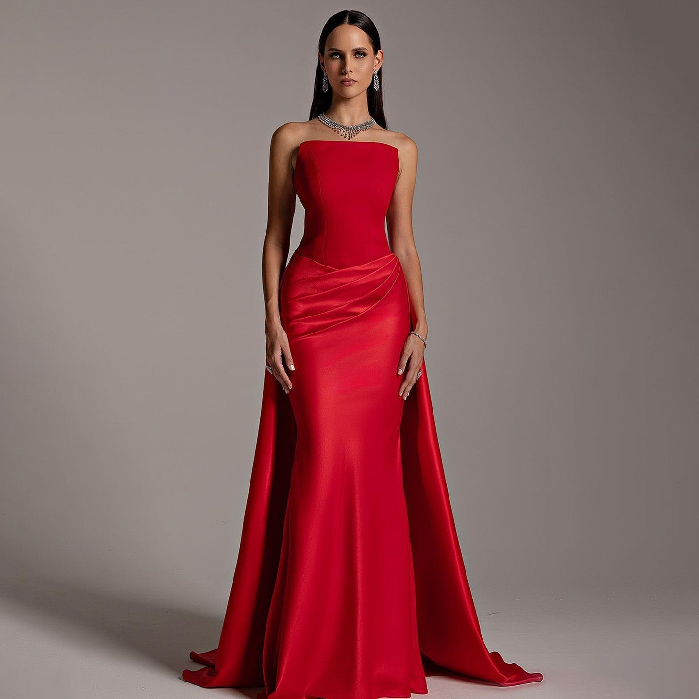 Elegant Red Strapless Evening Dresses with Overskirt SF255  Red / US 16