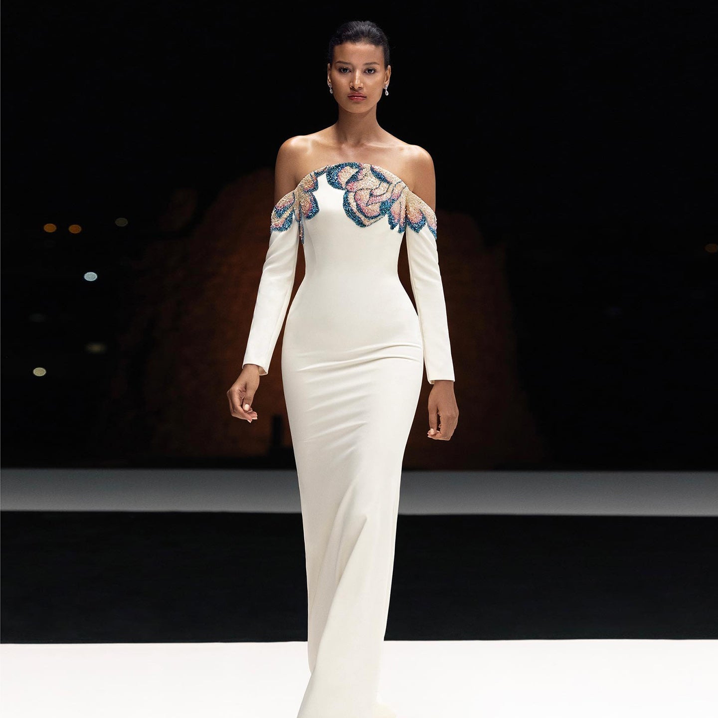 Elegant Beaded Off Shoulder White Evening Dress SS512