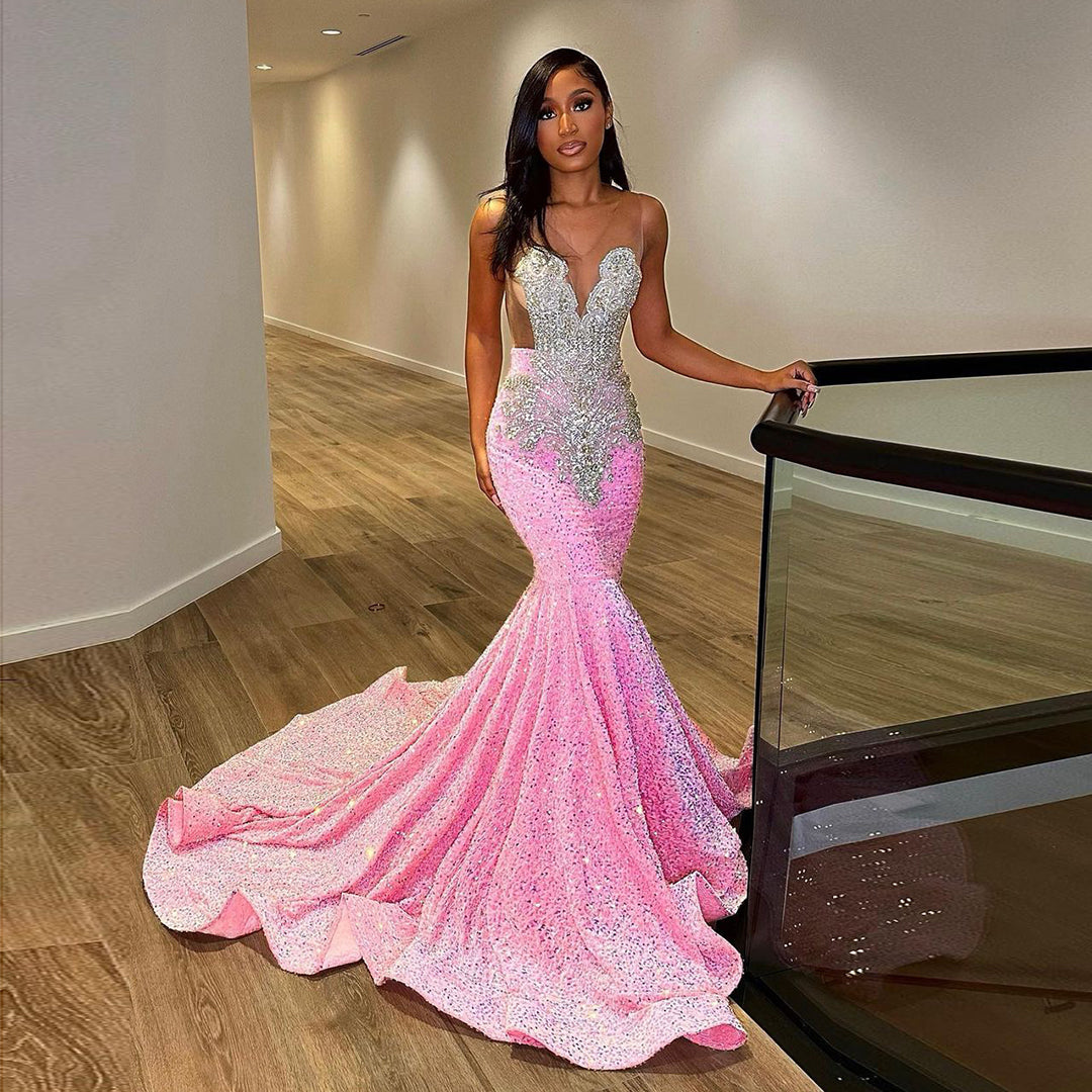 Luxury Pink Sequined Mermaid Crystal Prom Dress RM061  Pink / US 16