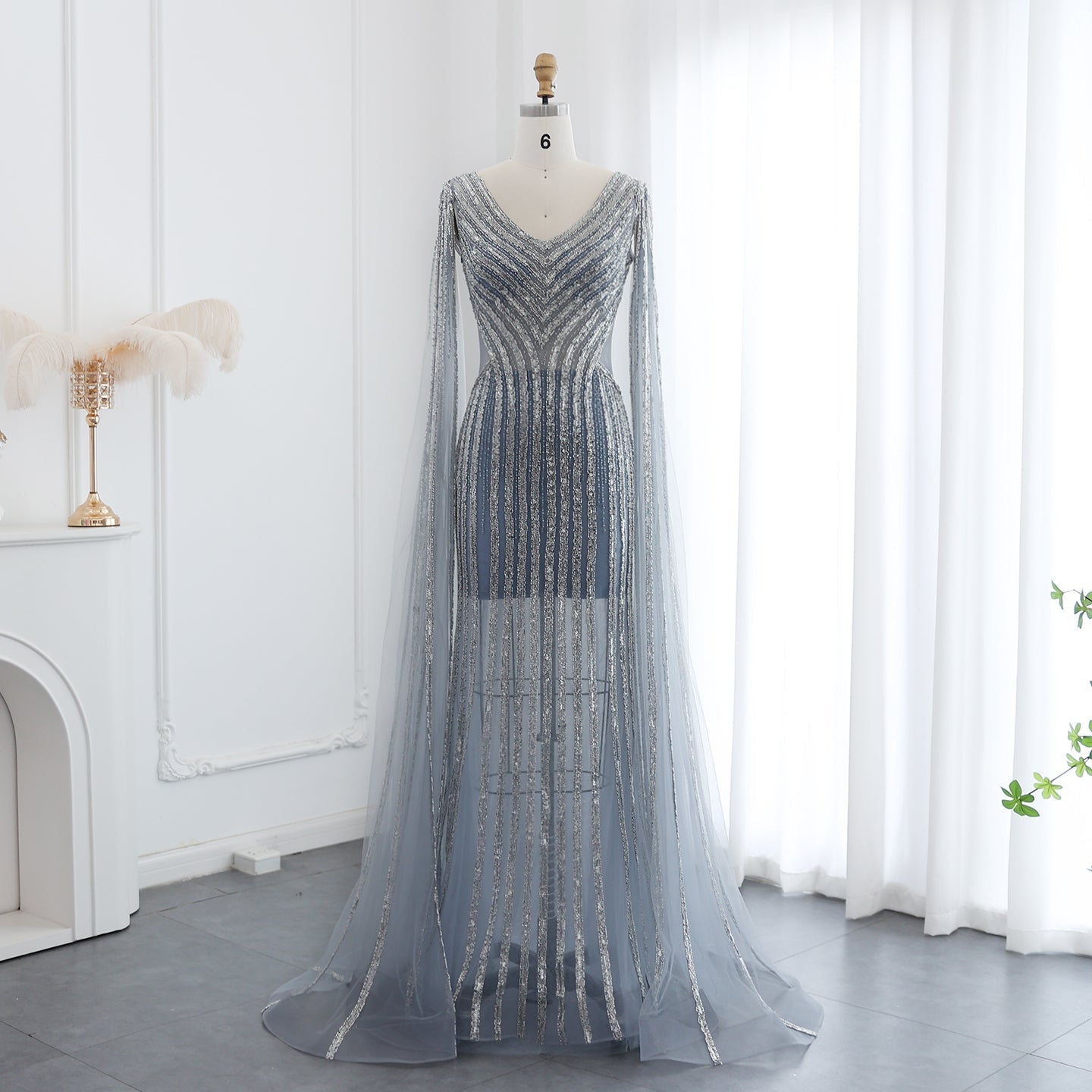 Luxury Beaded Blue Evening Dress with Cape Sleeves SS251  Light Blue / US 18