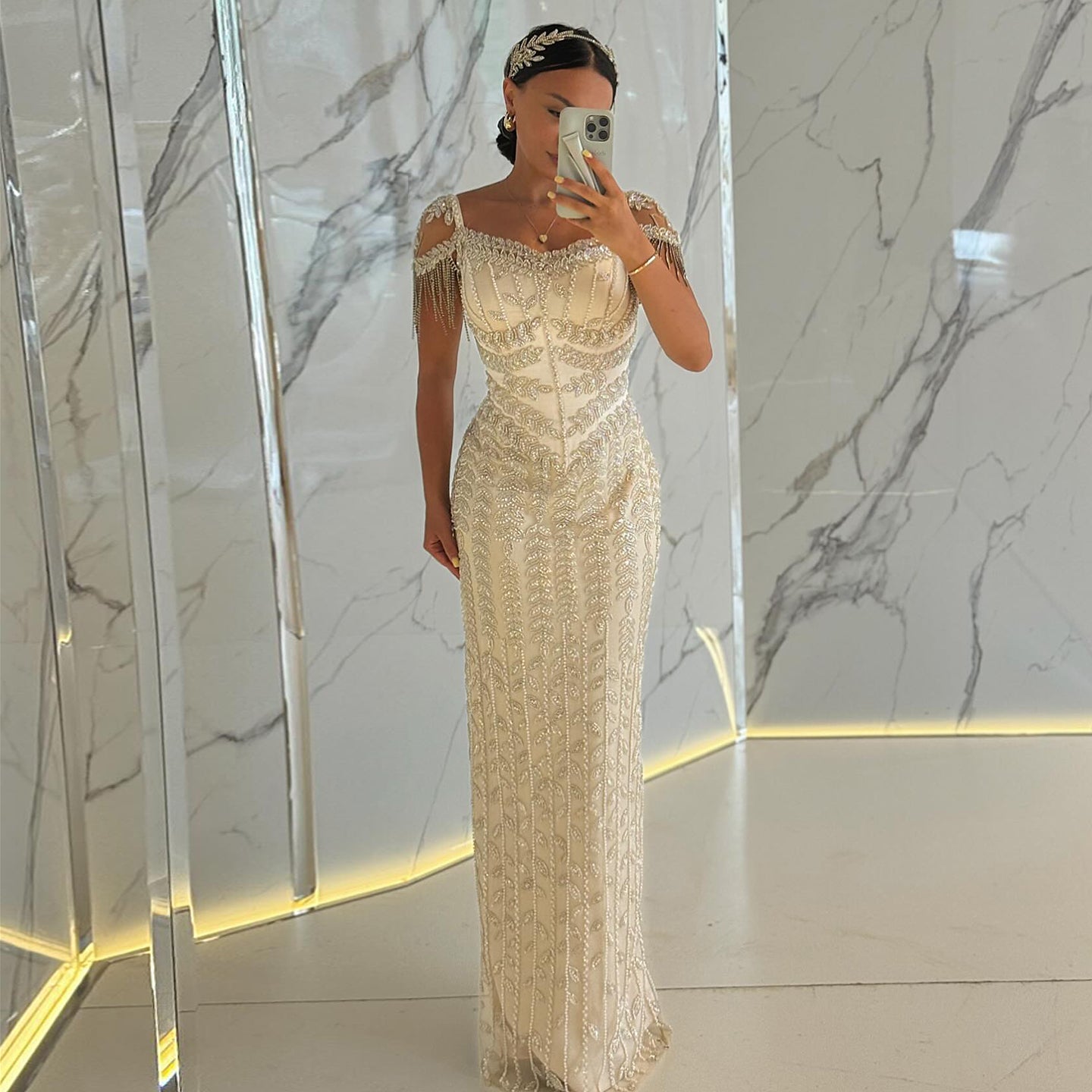 Luxury Tassel Cream Straight Evening Dress SS712