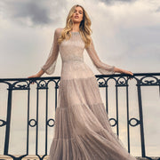 Luxury Beige Ruffles Beaded Long Sleeves Evening Dress SS514