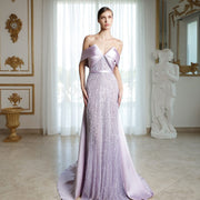 Luxury Beaded Off Shoulder Lilac Evening Dress SS624