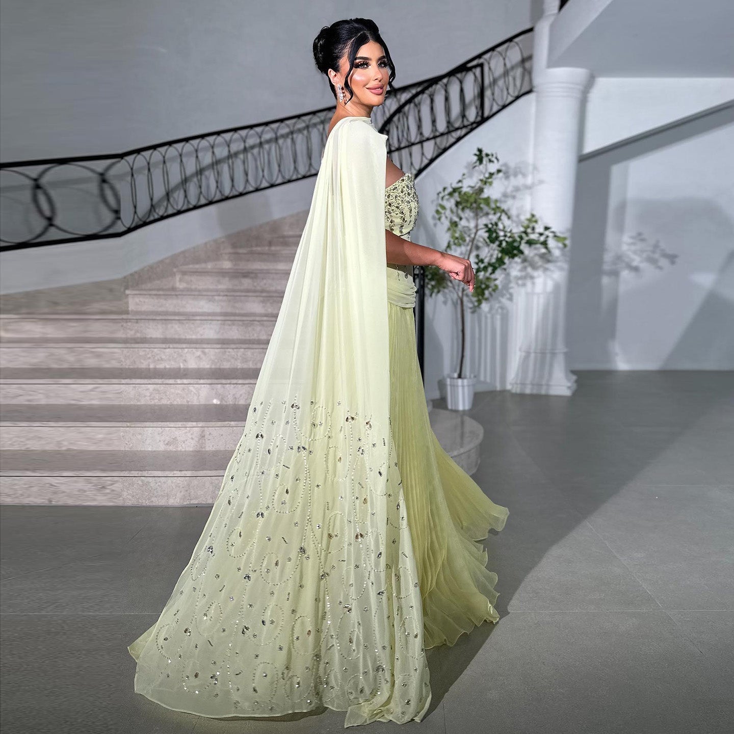 Graceful Crystal Yellow Strapless Evening Dress with Scarf XD-009