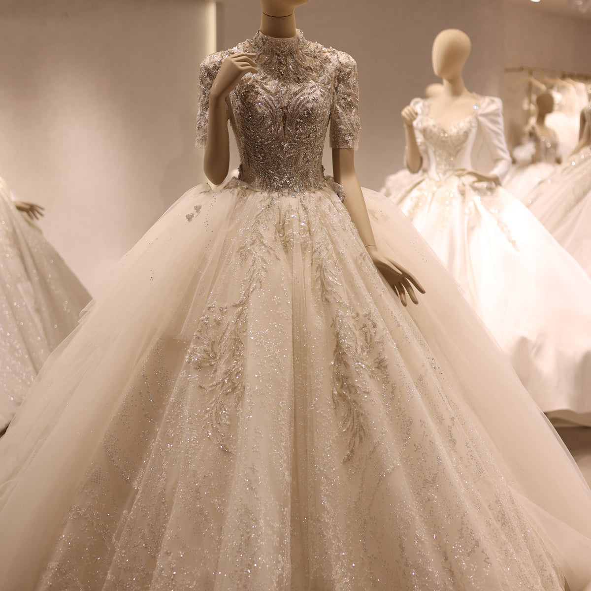 Luxury High Neck Crystal Ball Gown Wedding Dress RS039  White / Custom Made