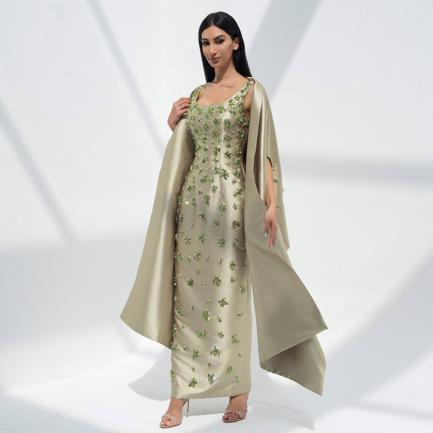 Chic Sage Green 3D Floral Beaded Evening Dress with Cape SS536