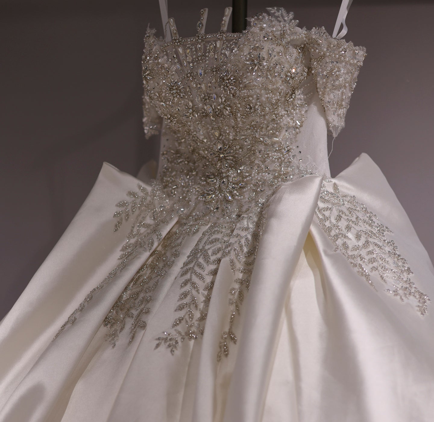 Luxury Crystal Satin Off-Shoulder Ball Gown Wedding Dress RS010  White / Custom Made