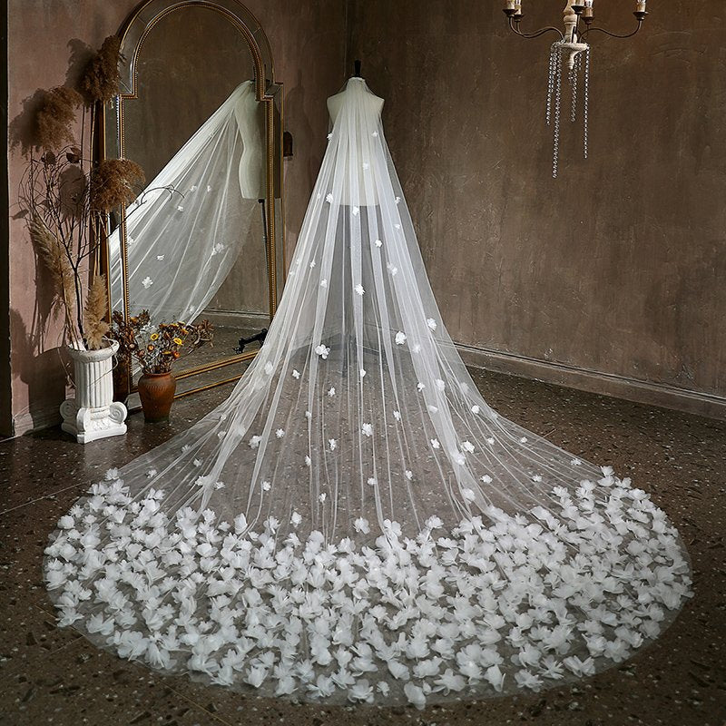 Floral Cut Edge Single Tier Tulle Bridal Cathedral Length Wedding Veils-0