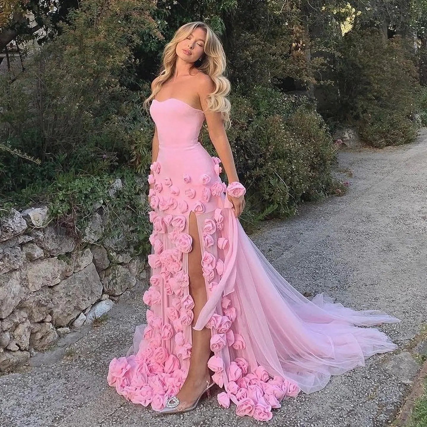 Chic Pink 3D Flowers Strapless Mermaid Evening Dress Side Slit SS207 Sharon Said