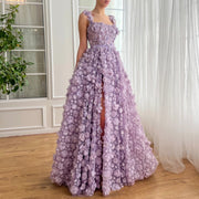 Chic Lilac 3D Embroidered Flowers Slit Evening Dress SS357  Lilac / US 20